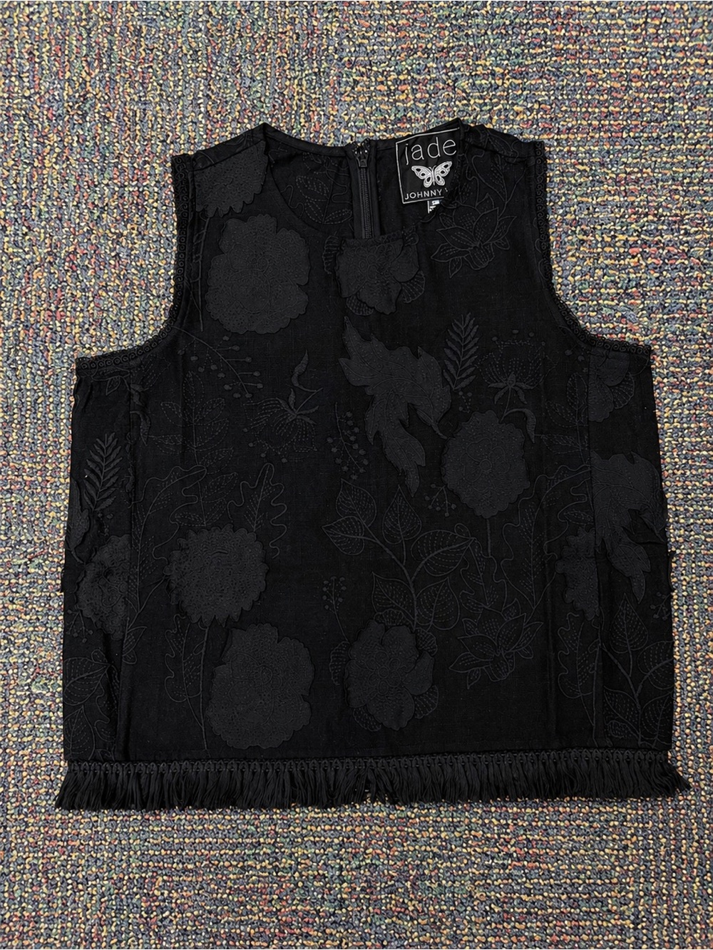 Johnny Was Black Floral Textured Fringe Hem Tank